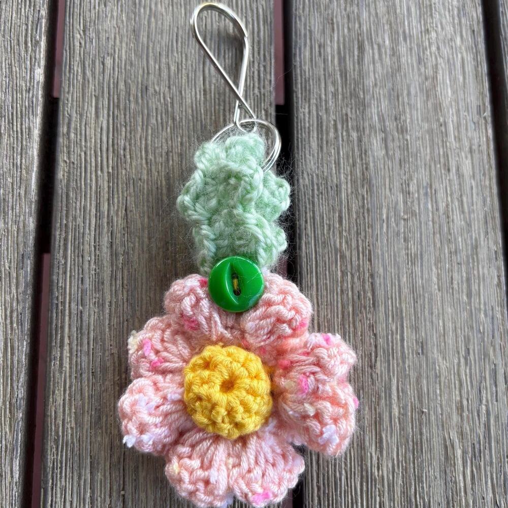 Handmade Crochet Flower Keychain: Pink, Green, & Yellow